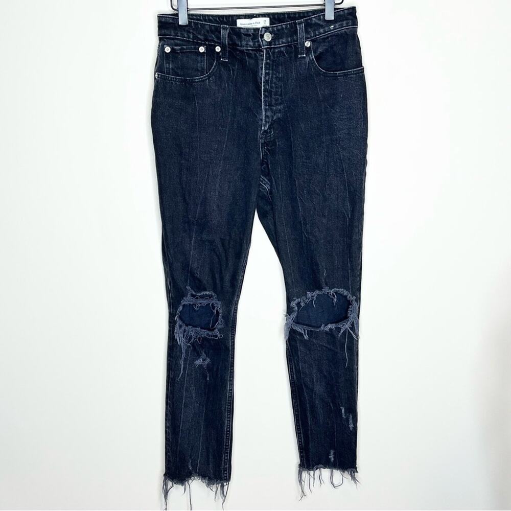 ABERCROMBIE & FITCH High Rise Mom Jean faded black destroyed distressed Size 28 - Picture 2 of 6
